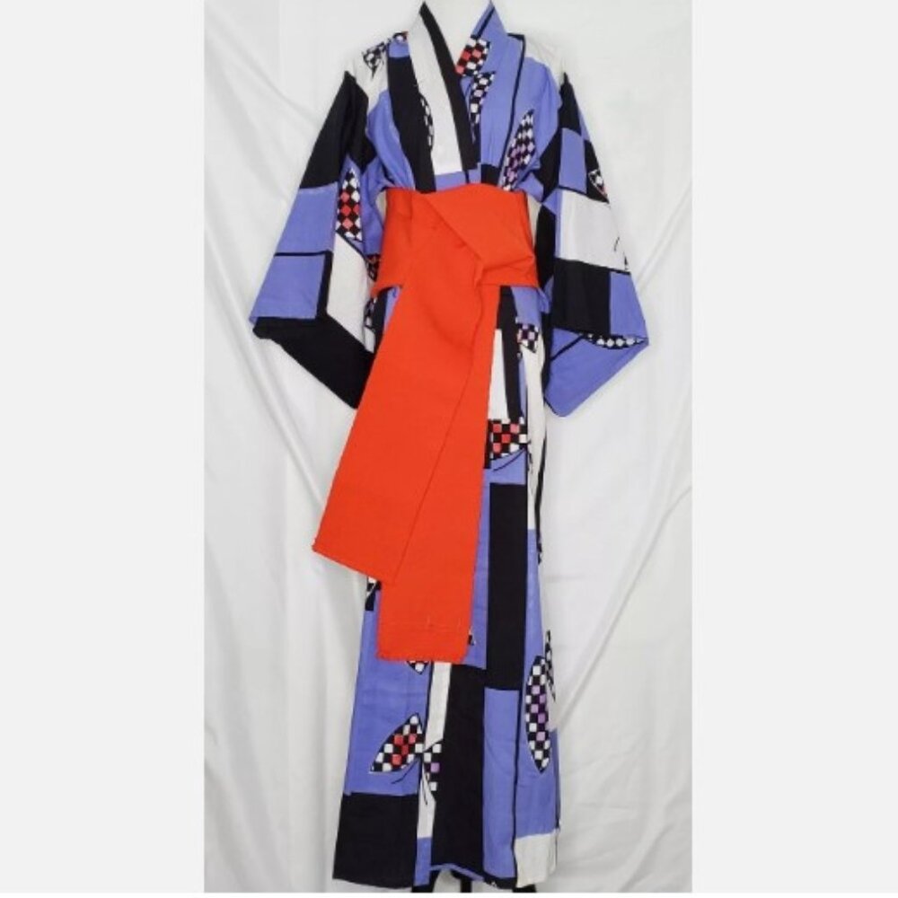 Vtg Handmade Kimono Abstract Flag Japanese Yukata Urushi Haori Jacket Cotton